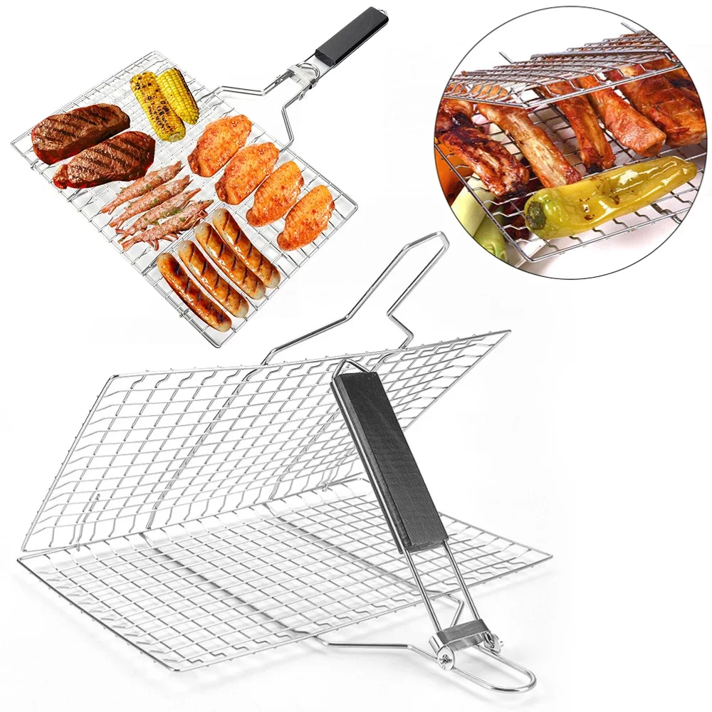 BBQ Grilling Baskets Non Stick Folding Grill Basket Stainless Steel Barbecue Grill Basket for Fish Vegetables Steak Shrimp Chops