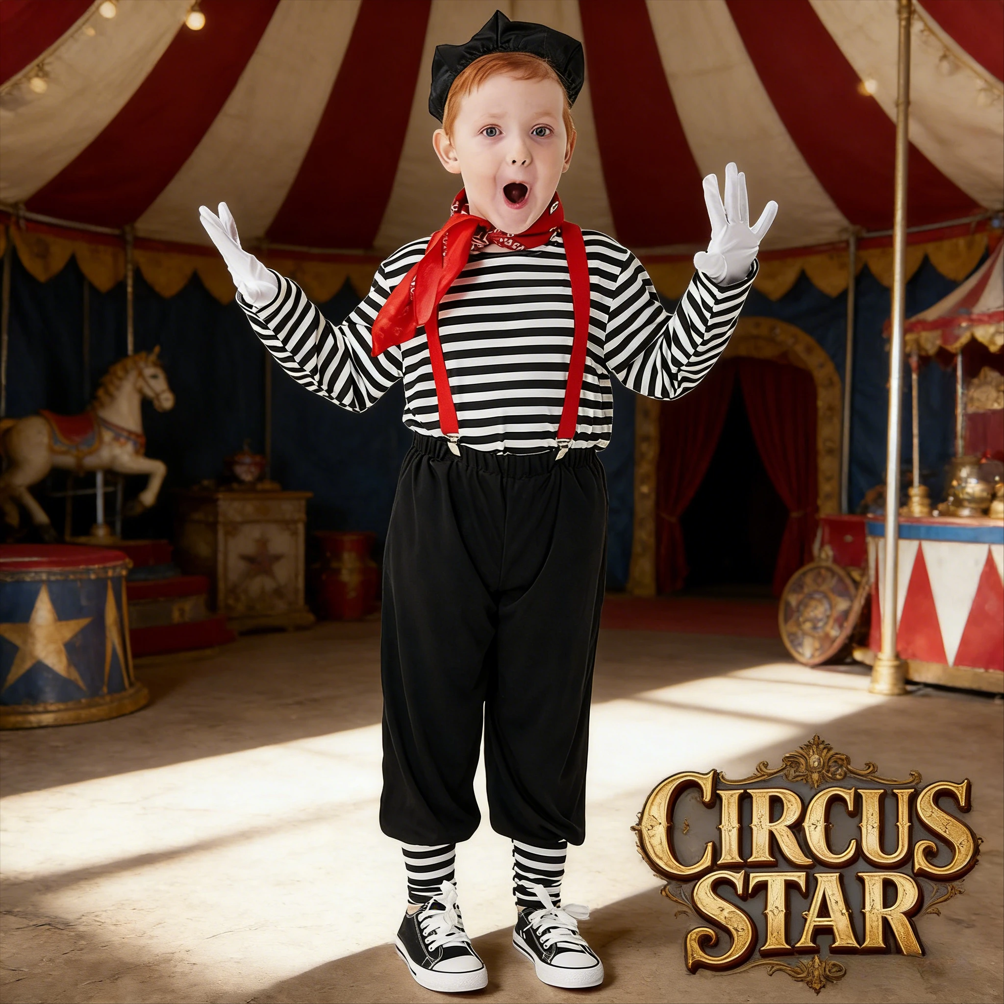 Kids Mime Clown Costume Funny Performance Outfit for Halloween Stage Show and Festival Celebration Wear