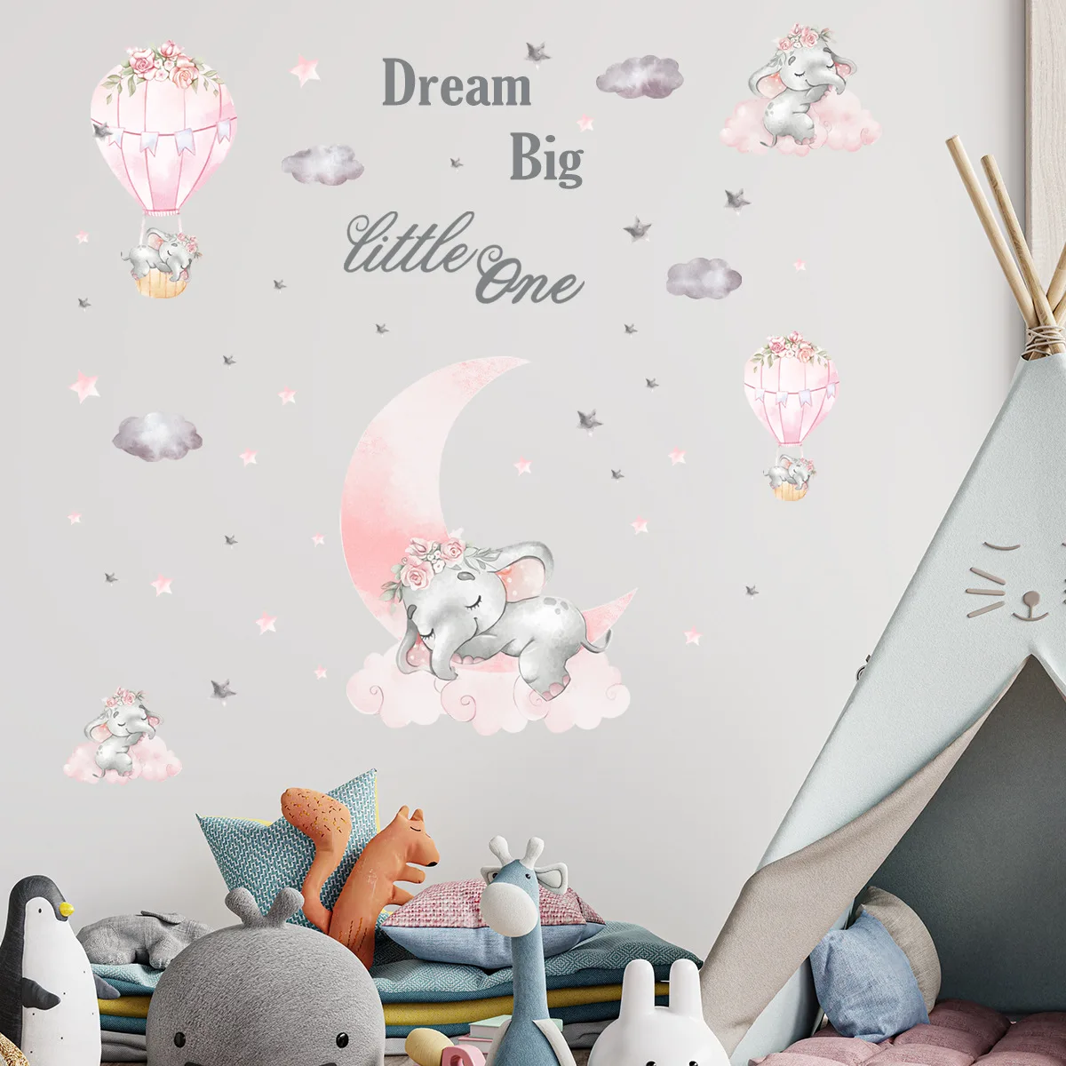 2pcs Pink Baby Elephant Hot Air Balloon Star Cartoon Wall Stickers Creative Mural  Children's Living Room Bedroom Wall Stickers
