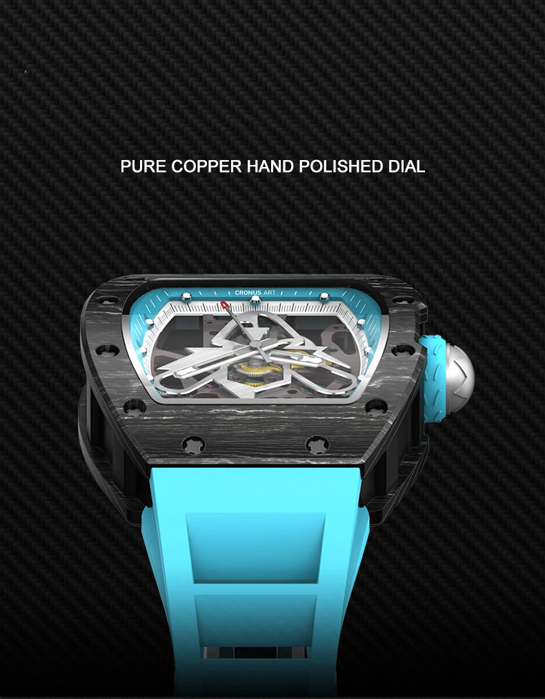 CRONUSART Orologio automatico da uomo 50mm Tonneau Orologio da polso meccanico NTPT Fibra di carbonio Luminoso cinturino in gomma fluorurata Quadrante scheletrato