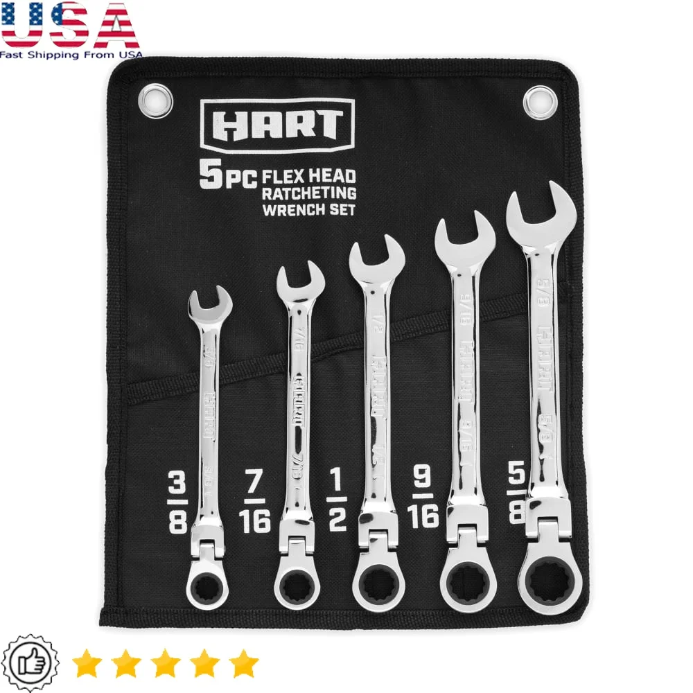 

5 Piece Flex Head Ratcheting Wrench Set Chrome Vanadium Steel 72 Tooth 180 Degree Access Tool Pouch Included Heavy Duty