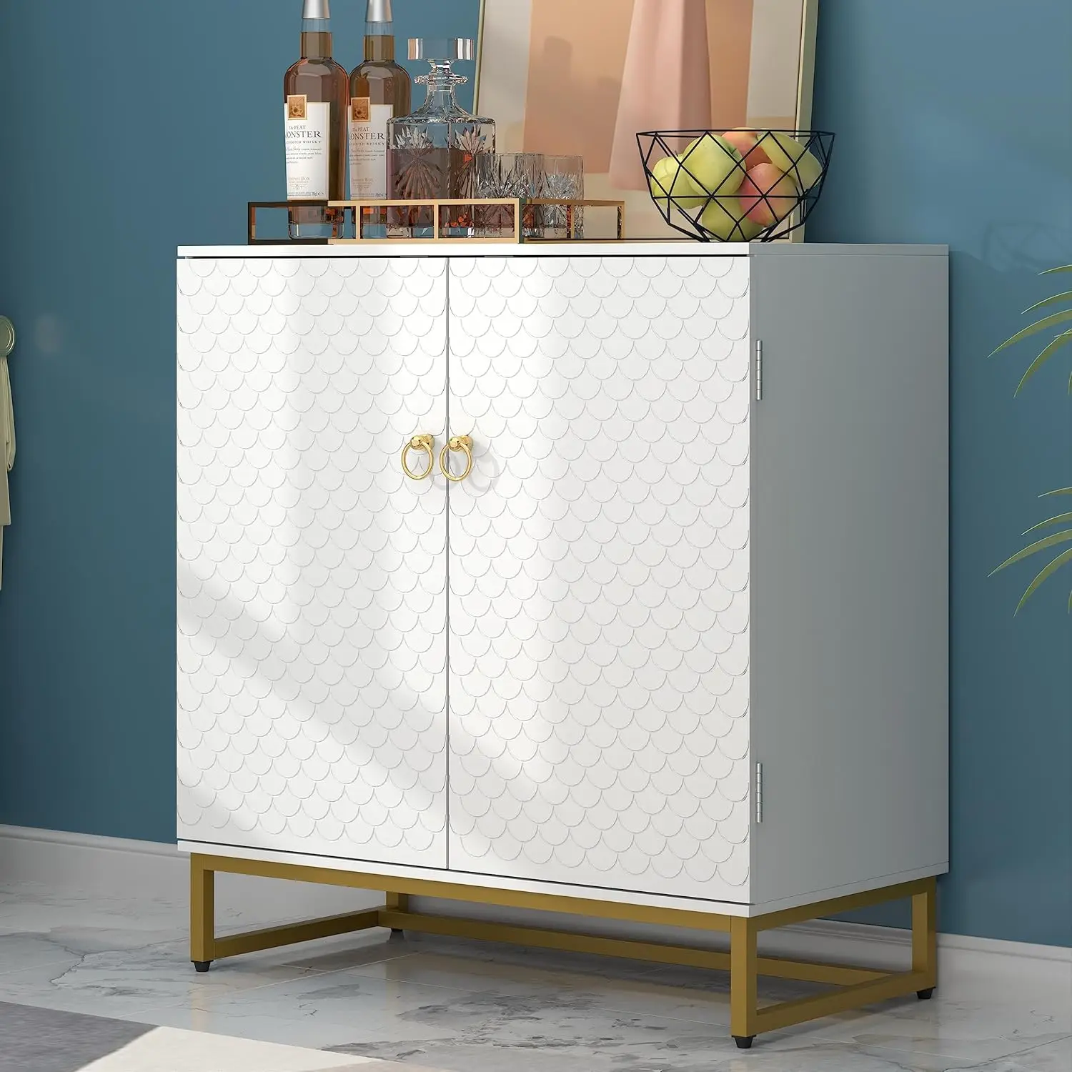 

Buffet Sideboard Cabinet with , Accent Cabinet Modern Free Standing Cabinet with Fish-Scales Pattern Doors Buffet Table for Liv