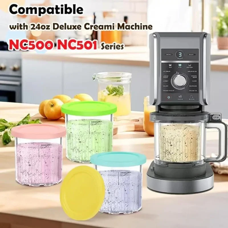Ice Cream Containers Replacement For Ninjas Creami Pints And Lids 24Oz Cups Creami Deluxe NC501 NC500 Series With Scoops