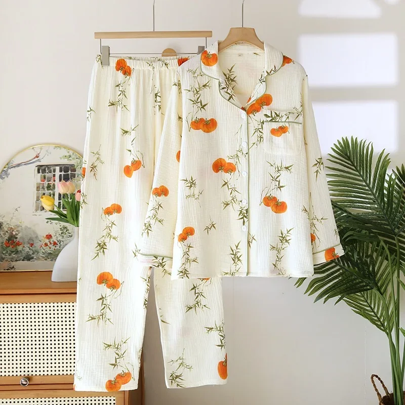 

Plus Size Sleepwear 2025 New Spring Women's Pajama Set 100% Cotton Gauze Women Pajama Long Sleeve 2 Piece Homewear
