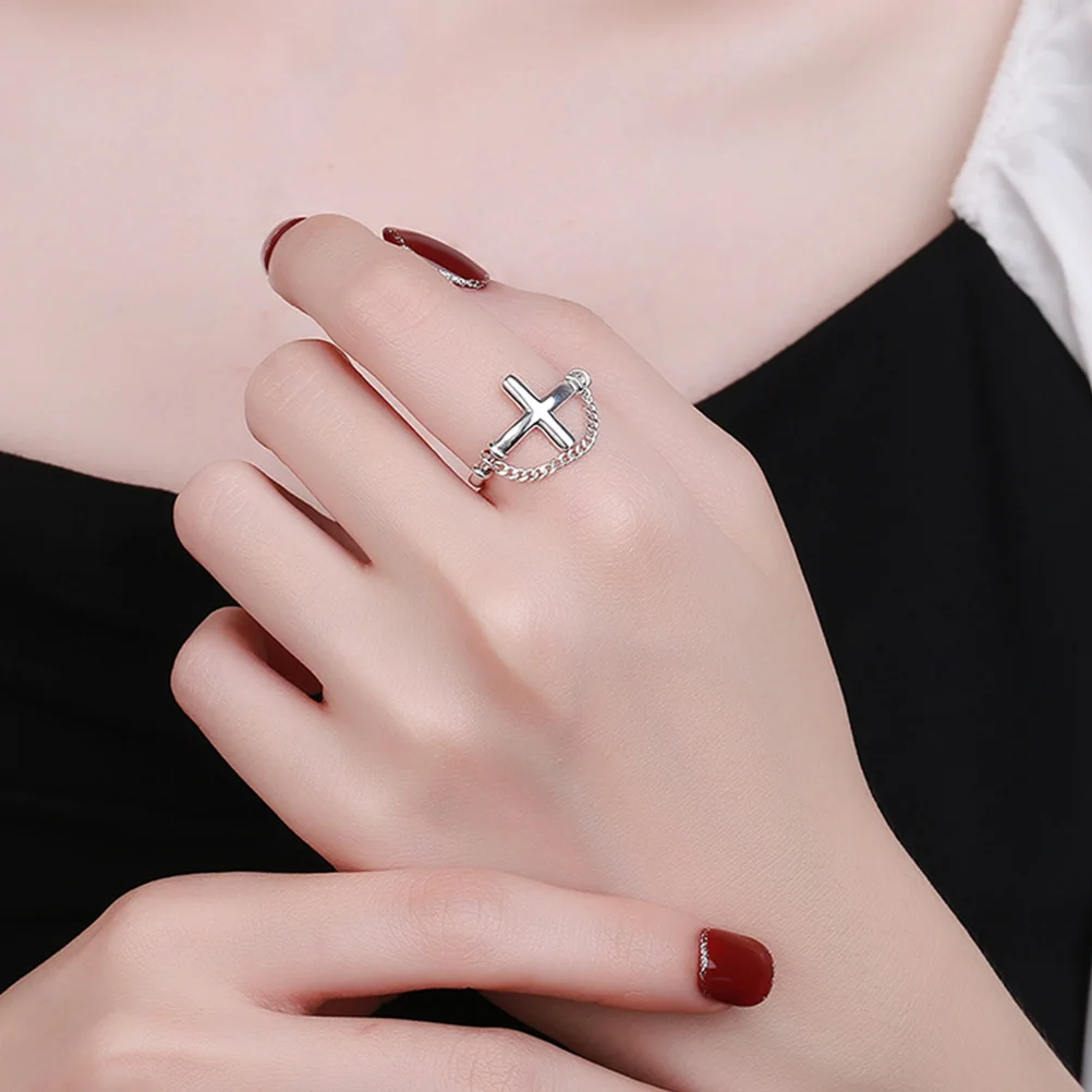 

Sterling Silver S925 Cross Ring Black Round Simple Index Finger Fashion Open Jewelry Stylish Shape Exquisite Detail Occasion