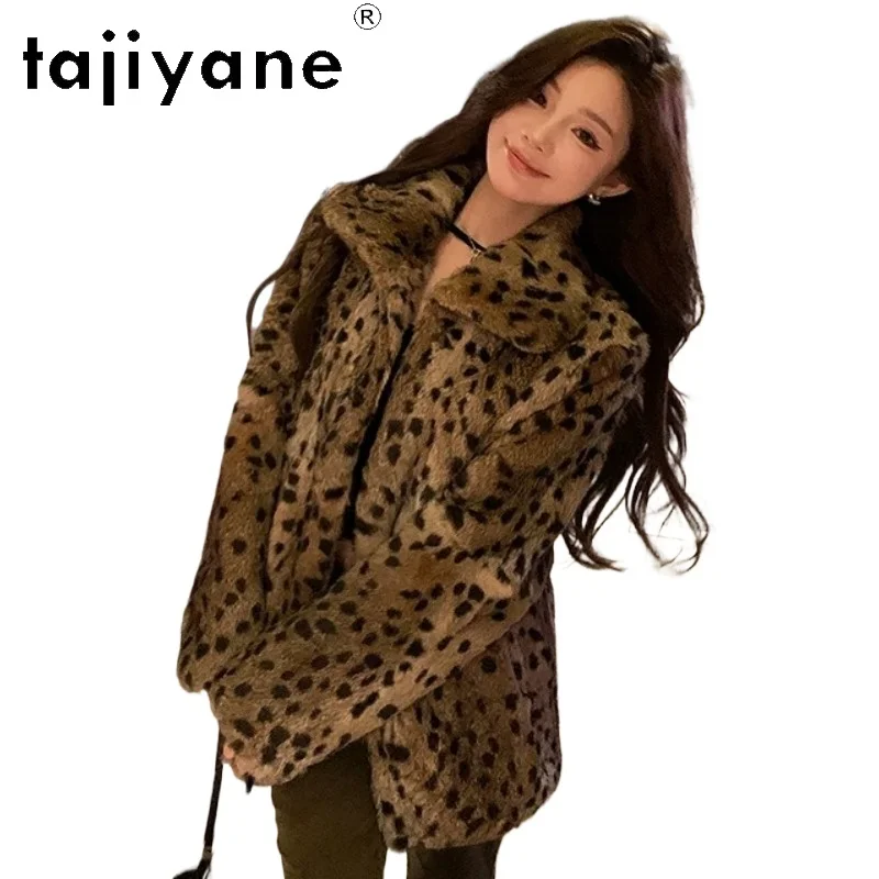 TAJIYANE Rabbit Fur Coat Woman High Quality Furry Tops Shearling Real Fur Jacket Lapel Winter Coat Women Jackets Leopard Шуба