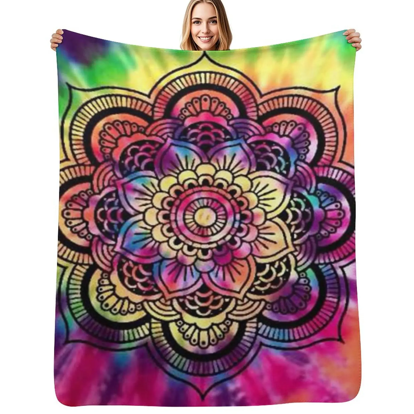 Rainbow Tie Dye Mandala Throw Blanket Faux Fur Soft Warm Blanket for Bed