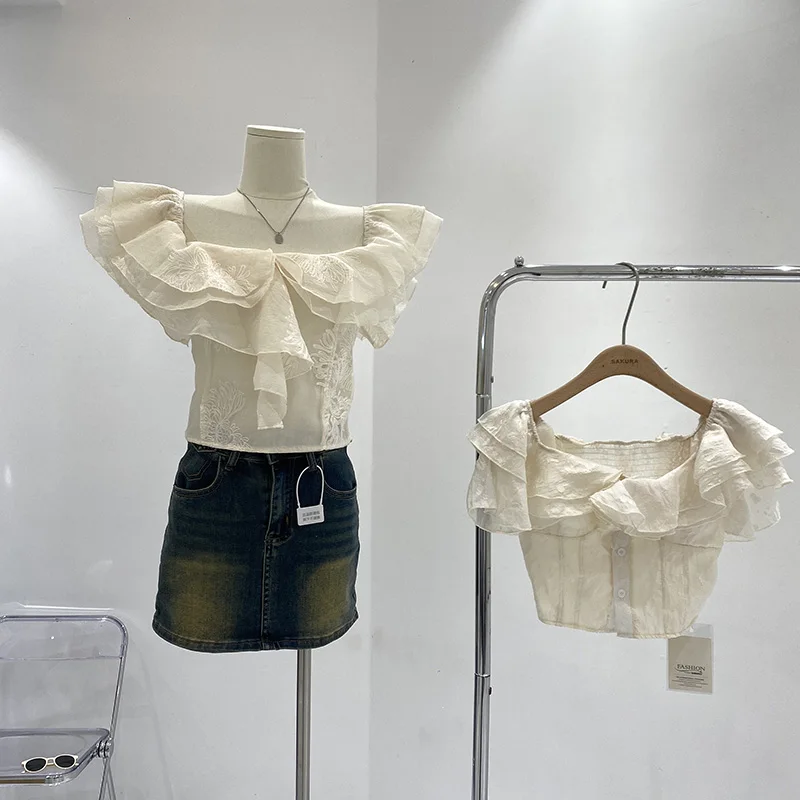 

Embroidered Floral Short Square Collar Doll Shirt Women's Slim Fit Summer New Style Commute Style Pure Color Polyester Fiber