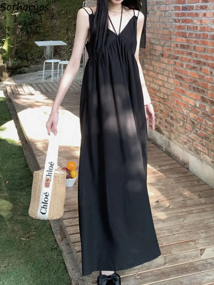 

Black Dresses Vintage Women Bandage Korean Style Summer Fashion Temperament Ladies Chic Casual Sleeveless Solid Classic Sundress