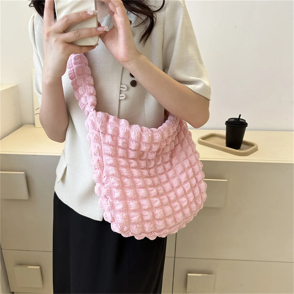 Large Capacity Shoulder Bag Women Tote Bags Embroidered Plaid Quilted Crossbody Bag Underarm Bag Pleated Bubbles Handbag