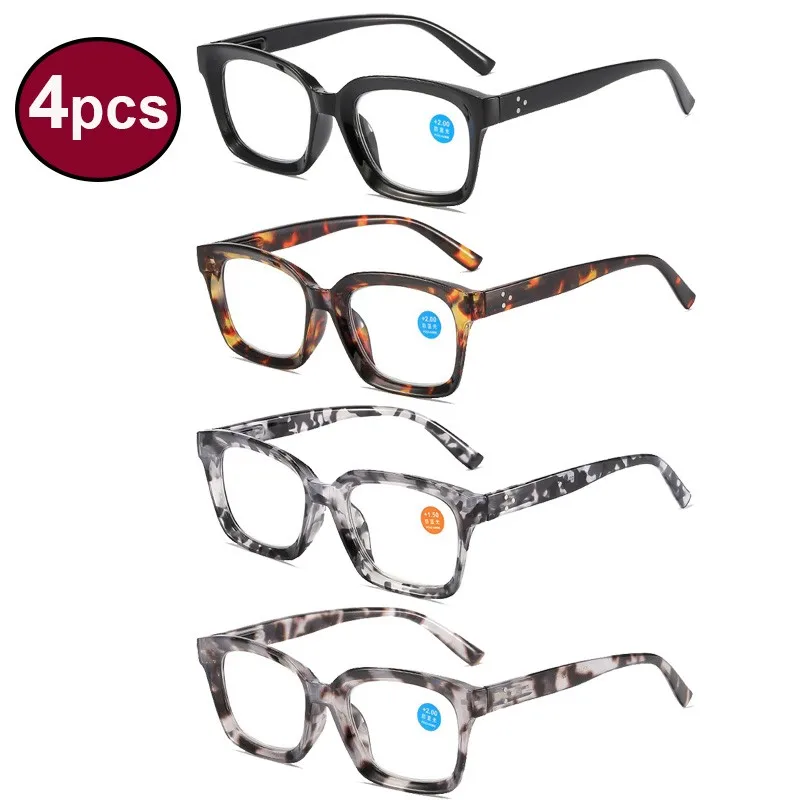 4er-Set Federbügel-Lesebrillen für Damen und Herren, Blaulichtfilter-Brillen, Presbyopie-Brillen, quadratische modische Blumenbrillen