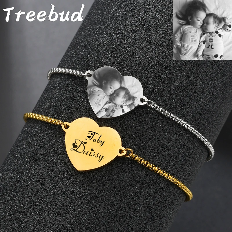 

Treebud Custom Engraved Photo Name Bracelet Stainless Steel Personalzied Engrave Date ID Tag Adjustable Chain Bracelet Jewelry