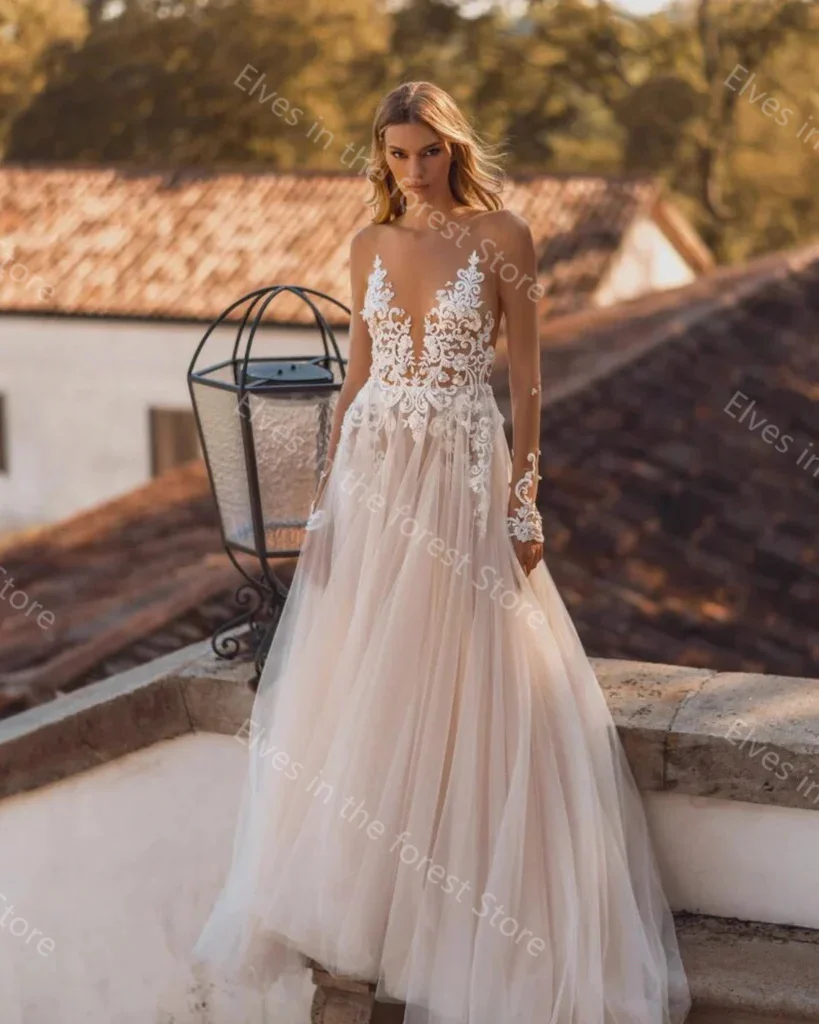 Abiti da sposa vintage in tulle Collo trasparente Applicazioni in pizzo Perline Abiti da sposa Maniche lunghe Abiti da sposa personalizzati senza schienale