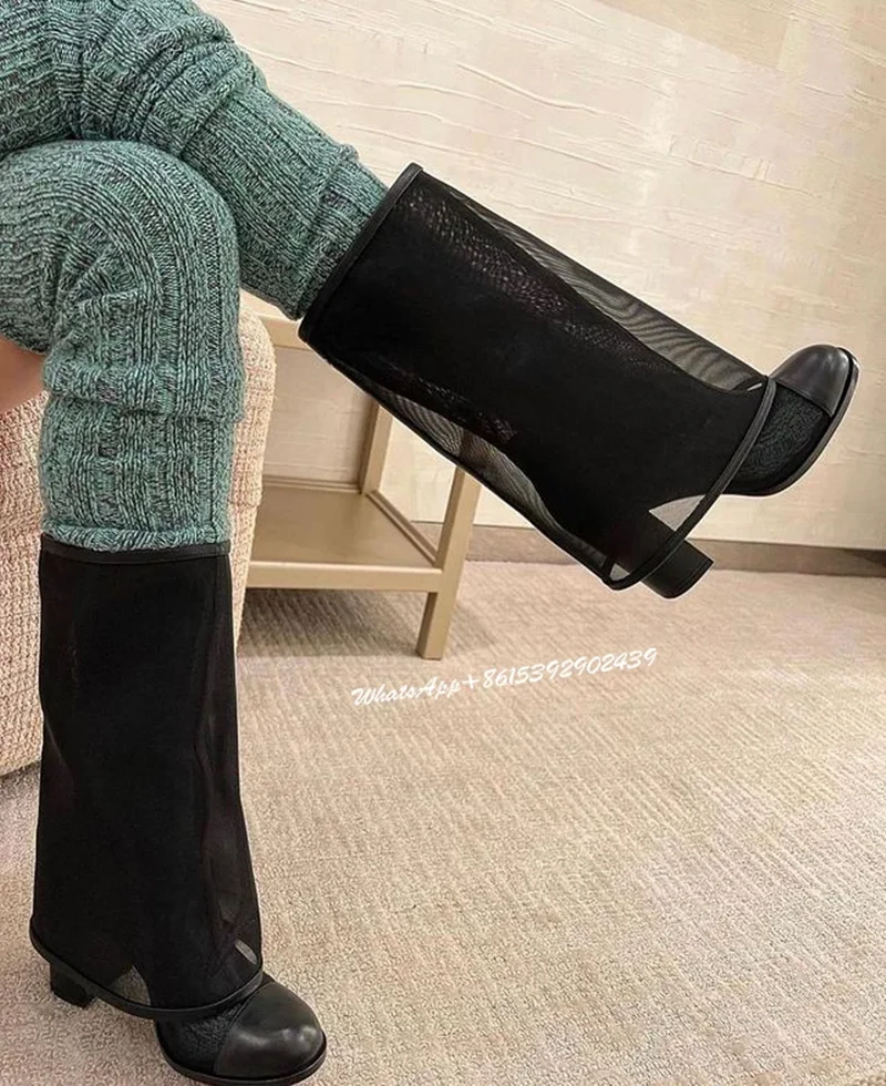 Mesh Flip Up Sleeve Boots Thick Women Hollow Heel Black Loose Knee Booties Round Mary Jane Elegant Shoes Slip On Sexy Casual New