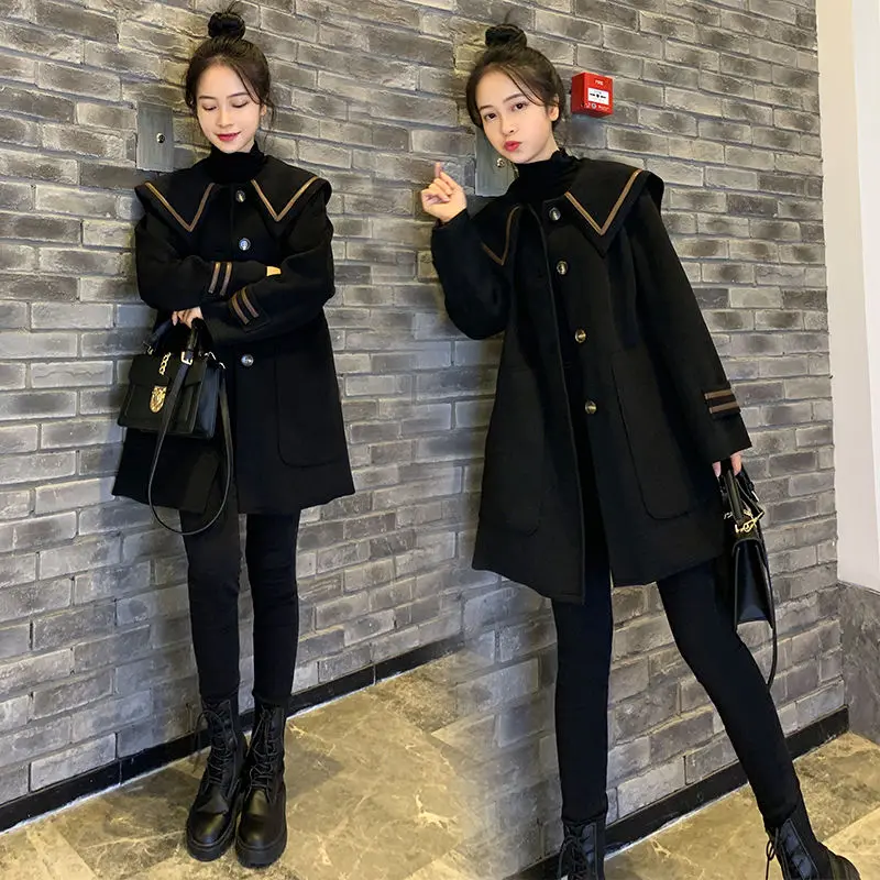 

Wool Blend Coats Mid Long Womens Coat Custom Woman Winter Brocade Sided Spliced Modern Style College Artistic Leisureful Commute