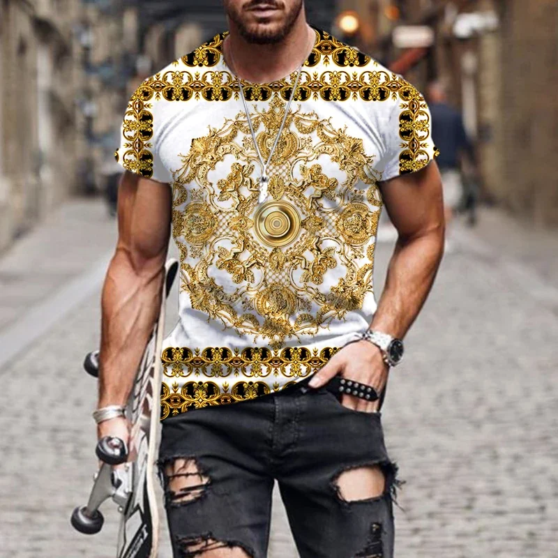 Lüks barok tarzı 3D baskılı erkek t-shirtü ve kadınlar, yüksek kaliteli polyester yuvarlak boyun gevşek uydurma kısa kollu T-shirt