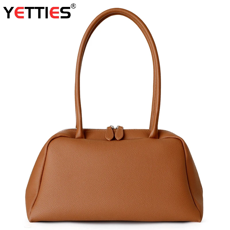 

Luxury women's top layer cowhide bowling bag high-capacity lazy style shoulder bag underarm bag commuting tote bag handbag