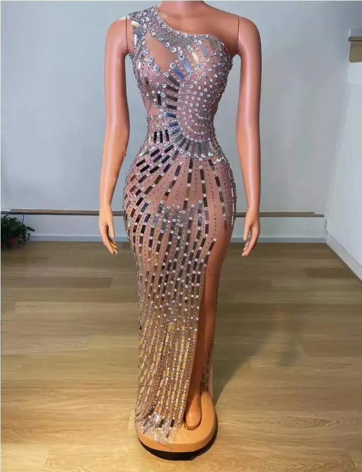 

Evening Party Prom Sequins Birthday Celebrate Transparent Costome Singel Shoulder Shining Silver Mirrors Rhinestones Dress