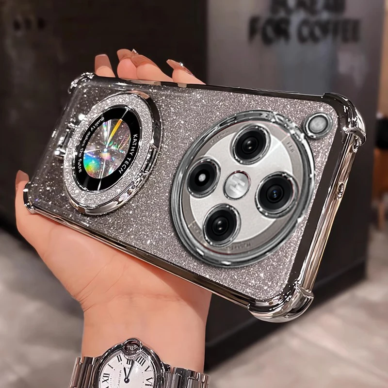 

For OPPO Find X8 Pro Case with Glitter Holder Camera Protection Luxury Plating AirBag Soft Silicone Shockproof Bumper Back Cover