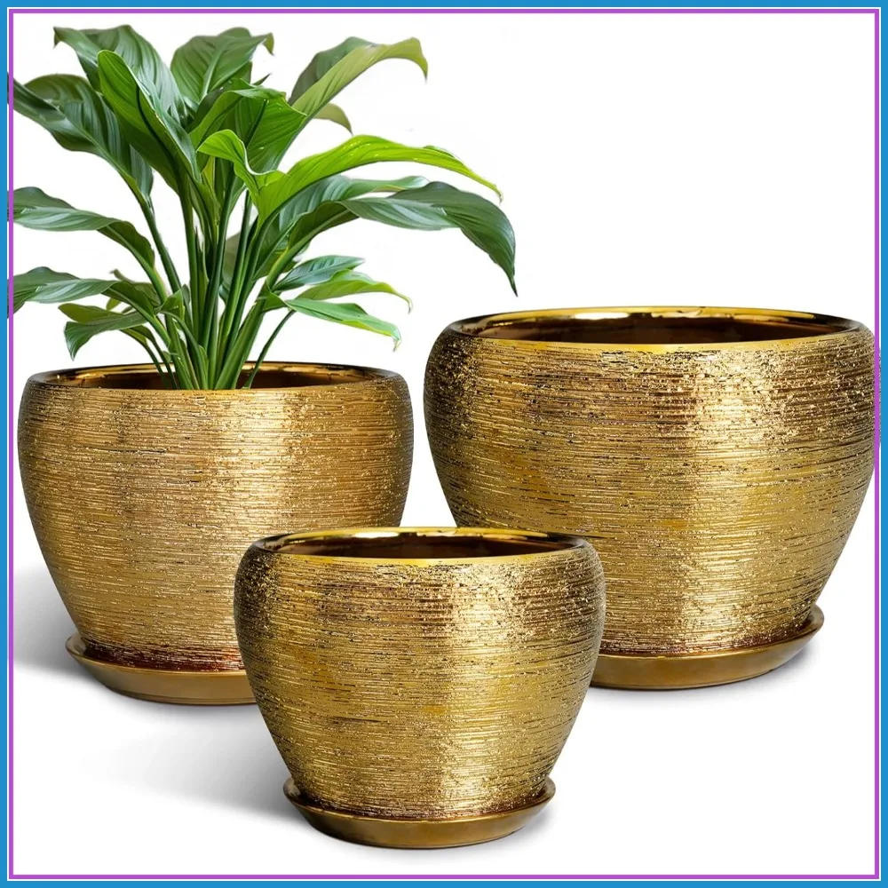

Ceramic Plant Pots 10 8 6 Inch Set of 3 with Drainage Holes and Saucers for Indoor Outdoor Plants