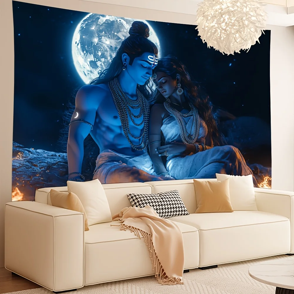 Divine Shiva-Parvati Tapestry - Moonlit Celestial Couple in Blue & Gold, Ethereal Glow with Sacred Flames, Home Decor