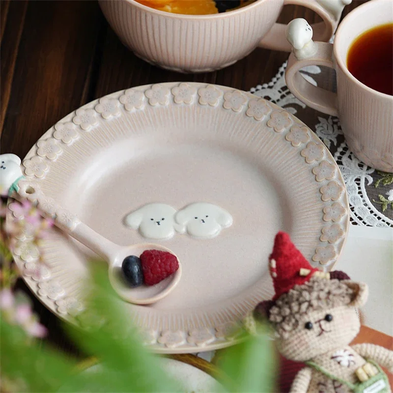 Romantic High Beauty Style Mug Relief Dog Cute Tableware Creative Ceramic Goblet Dim Sum Plate Pink Coffee Cup Set Meal