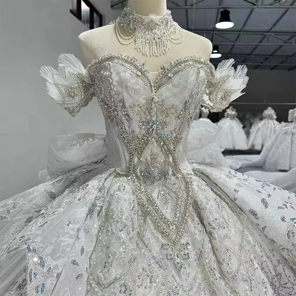 Vestidos Elegantes femeninos con hombros descubiertos, escote en forma de corazón, lazo con cuentas, vestido de novia de cristal, vestido de baile, vestido de novia largo de encaje