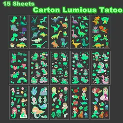 15 Sheets Carton Lumious Tatoo Kids Play Temporary Tatoo Sticker for Childrens Body Art Mermaid Sticker Glow Paste on Face Arm