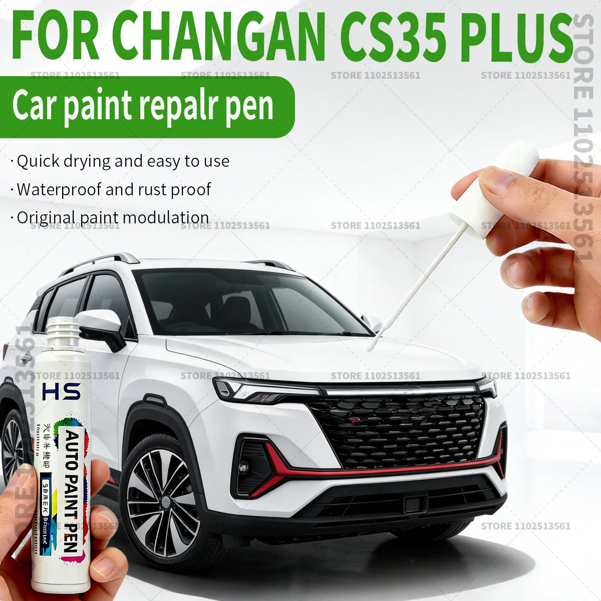 Caneta de Reparo de Pintura Automotiva para ChangAn CS35 PLUS 2021-2025, Restaura o Acabamento Original de Fábrica, Branco 107, Cinza Andino, Prata, Vermelho