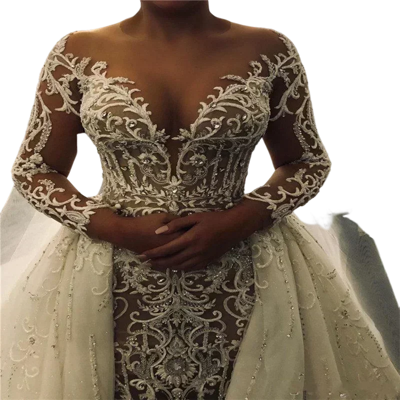 Customized  Mermaid African Embroidery Beading Wedding Dresses With Detachable Train Long Sleeves Robe De Mariée Bridal Gown
