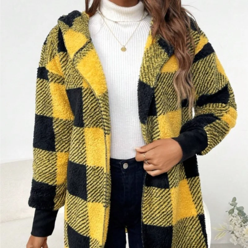 NONE Frauen Herbst Winter Doppel Fleece Plaid Strickjacke Weiche Lose Lange Hülse Plüsch Warme Mit Kapuze Jacke Weibliche Patchwork Oberbekleidung Mantel 7