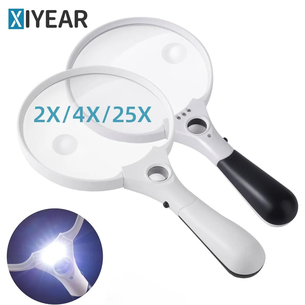 

Magnifier Large with 3 LED Lights Magnifier 2X 4X 25X Handheld Magnifier for Elderly People for Reading Inspection Close-up Work