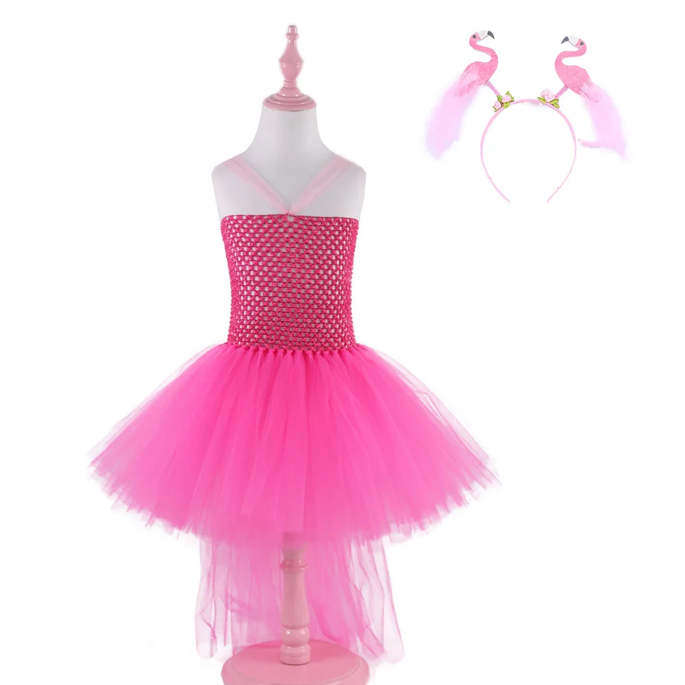 High Low Flamingo Tutu Dress Girls Tulle Dress Pink Flamingo Costume for Children Birthday Gift Kids Carnival Halloween Costume