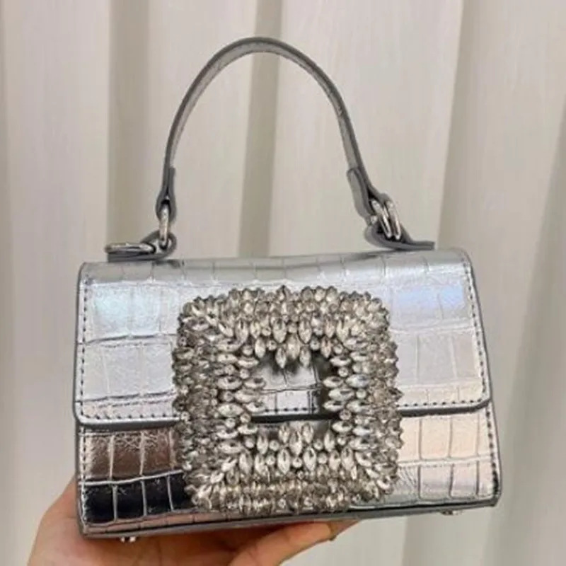 

New female bag inlaid with diamond crocodile grain square bag super flash diamond hand bill of lading shoulder crossbody bag