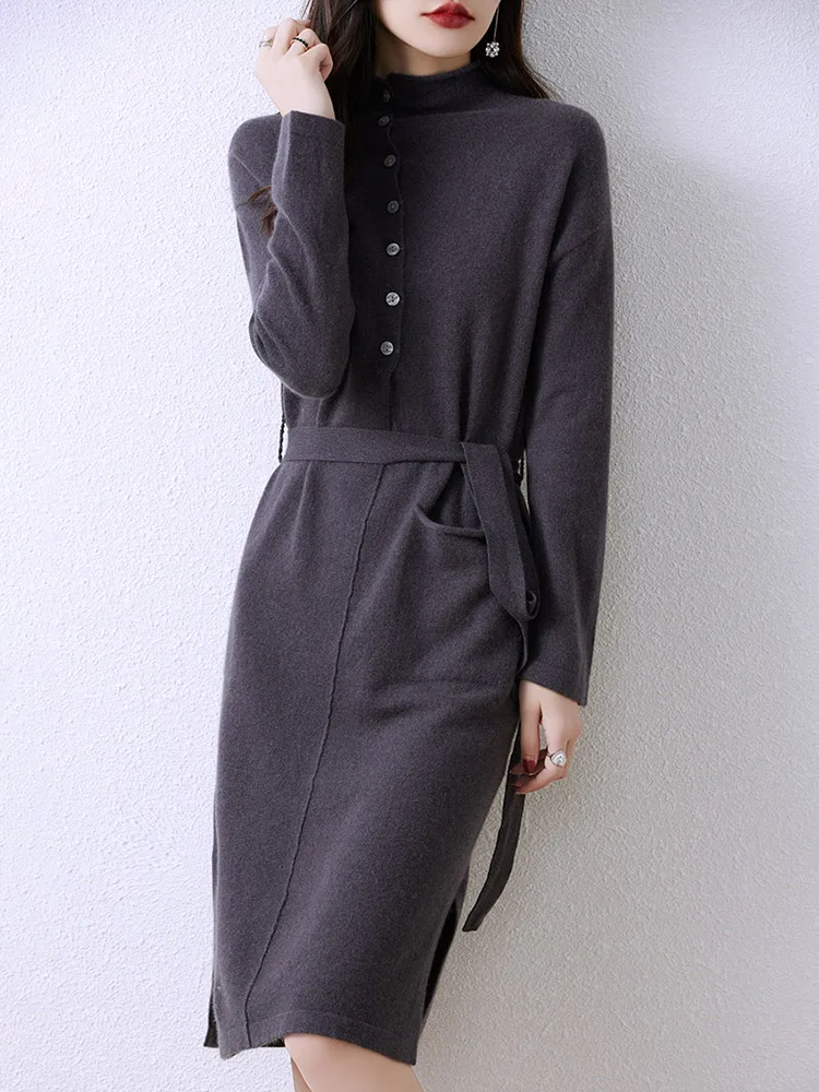 

Women's Cashmere Dress Buttoned Pullovers Sweater Autumn Winter 100% Merino Wool Belt Knitwear Knee Length Office Lady Dress