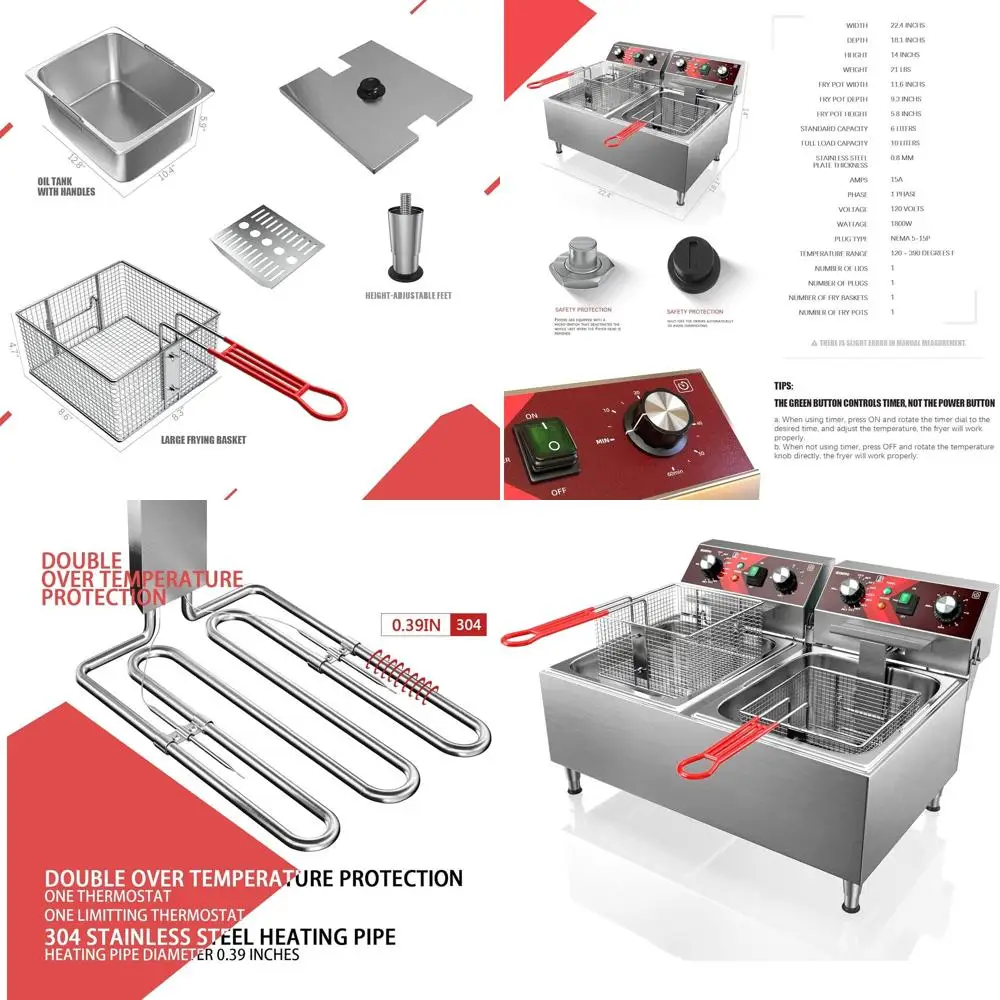 

Dual Tank Stainless Steel Commercial Electric Deep Fryer with Timer, 10L x 2 Capacity, 120V 3600W for Restaurants and Home Use