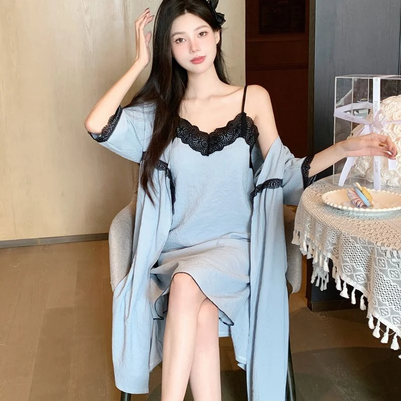 

Лето 2025 г., 2 шт., сексуальное кружевное белье, хлопковая ночная рубашка, комплекты халатов для женщин, халат с короткими рукавами, одежда для сна, ночная рубашка, ночное платье