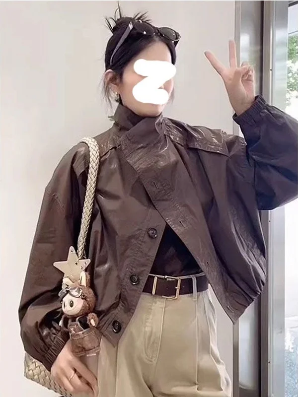 

Caramel Colored ort PU Leather Jaet Women's Loose Fit Casual Sle Autumn New Arrival Faionable Small Size Coat