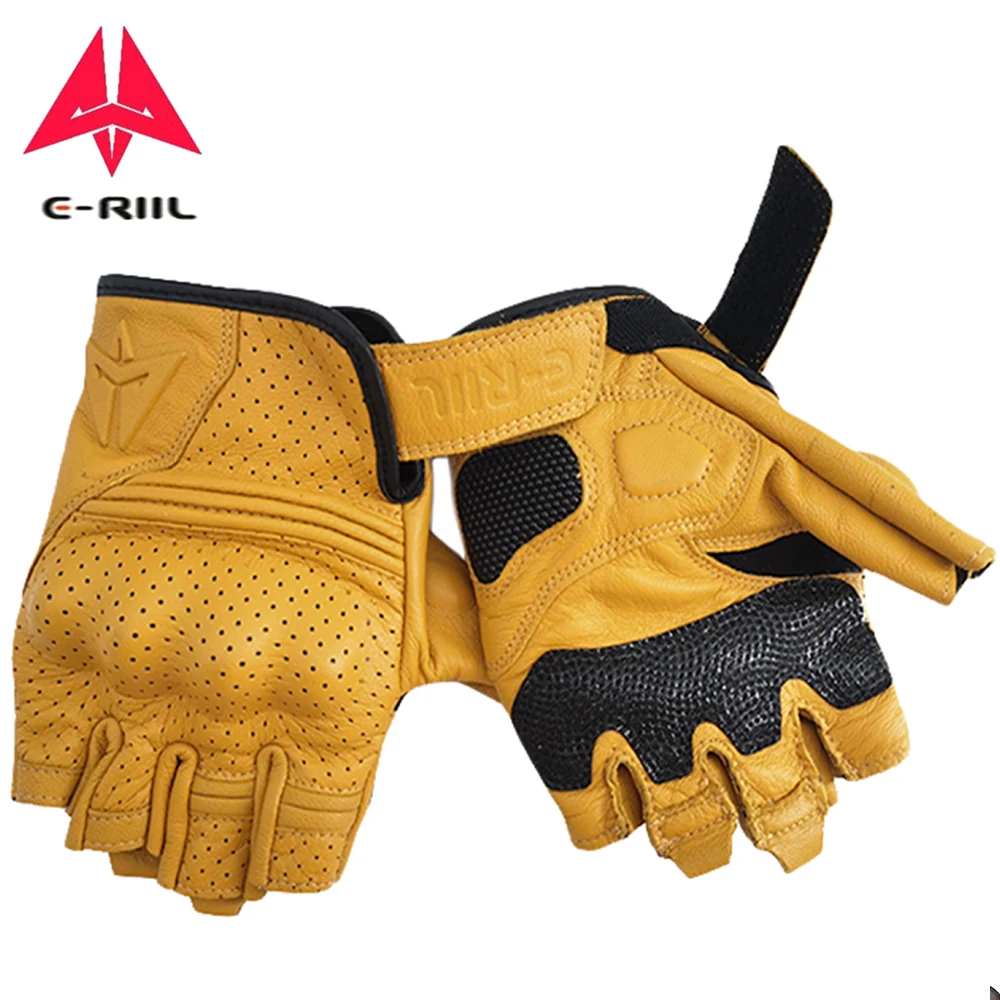 Perforated Motorcycle Half Finger Gloves Men\'s Motorcycle Leather Gloves Summer Moto Gloves Fingerless Breathable Racing Gloves