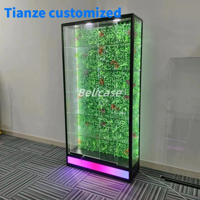 

(customized)Smoke Shop Displays Glass Showcases with Grasses Aluminum Frame Display Changeable Light Tall Glass Display Cab