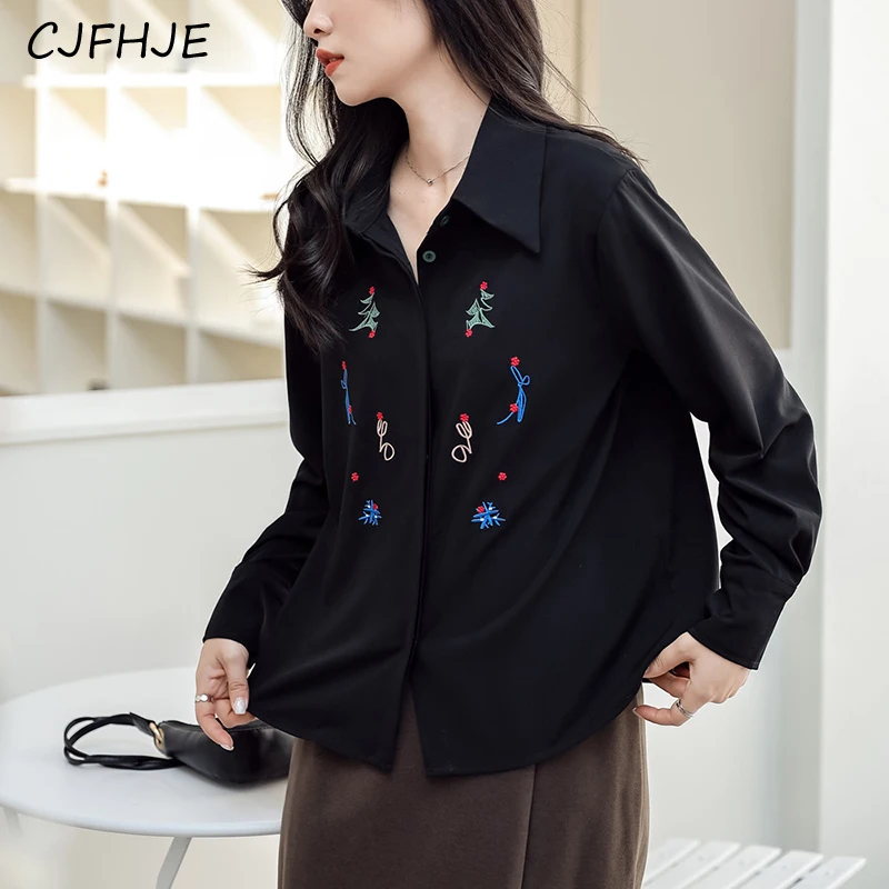 CJFHJE camicia ricamata a maniche lunghe retrò americana delle nuove donne moda allentata colletto POLO donna tinta unita Top Shir