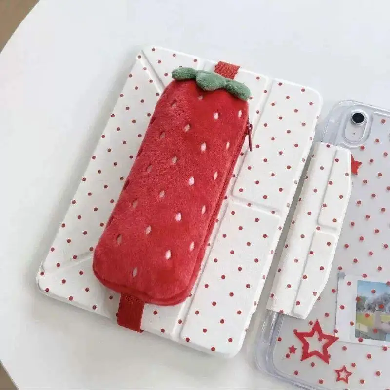 1Pcs Cute Plush Strawberry Pencil Bag Strap Top Large Capacity Student Pen Pouch Exquisite Stationery Organizer