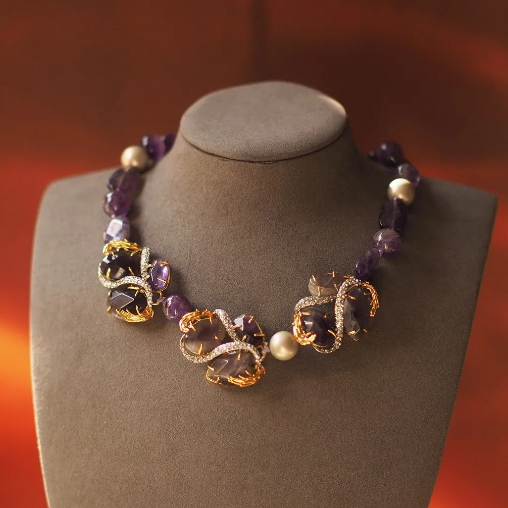 

2025 New Retro Niche Western-Style Artisan Beaded Amethyst Necklace - High Luster Handcrafted Fashion Jewelry