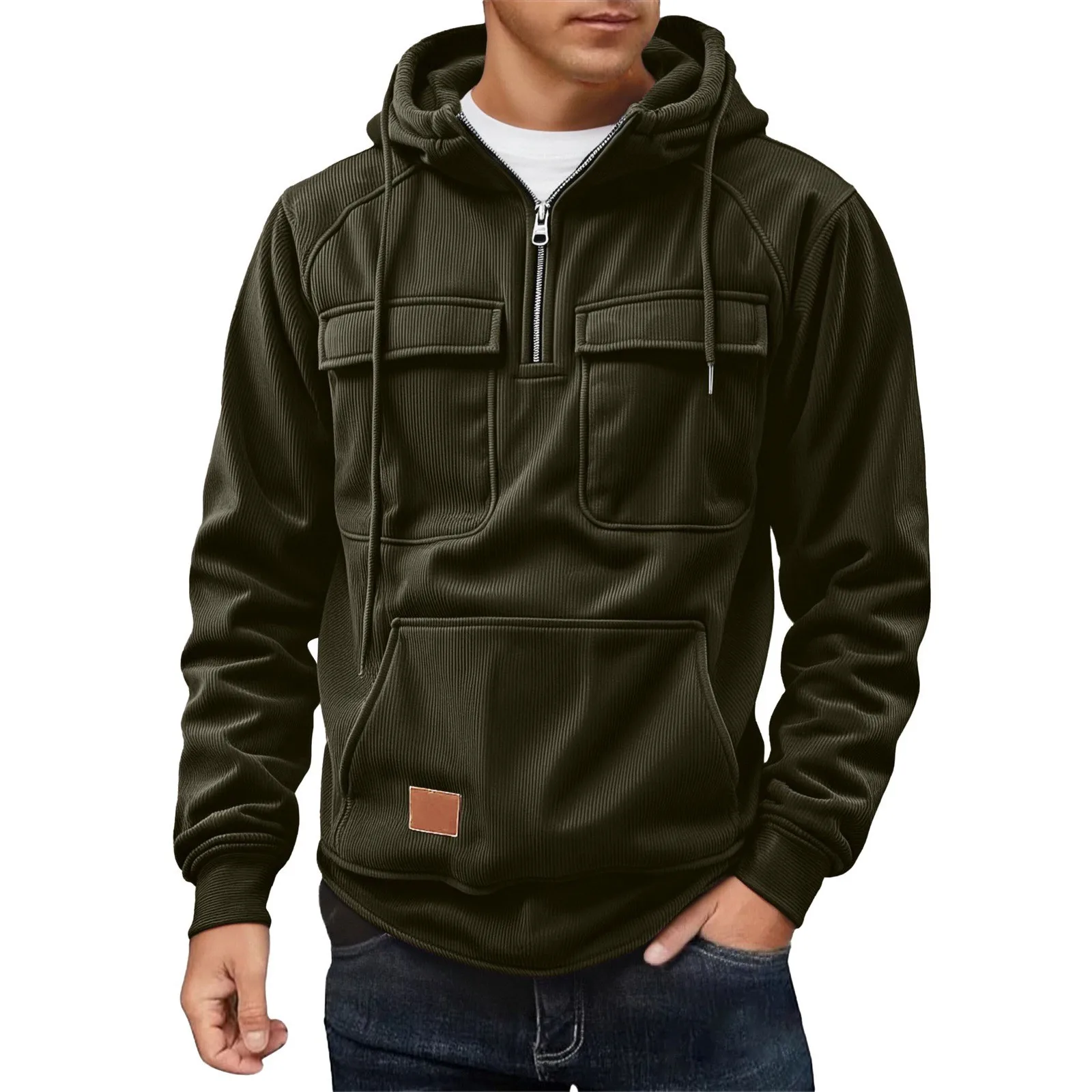 Hooded Pockets Set Fitted with Zipper and Collar Men Jacket for European and American Urban Style Autumn Multiple Pocket Jacket