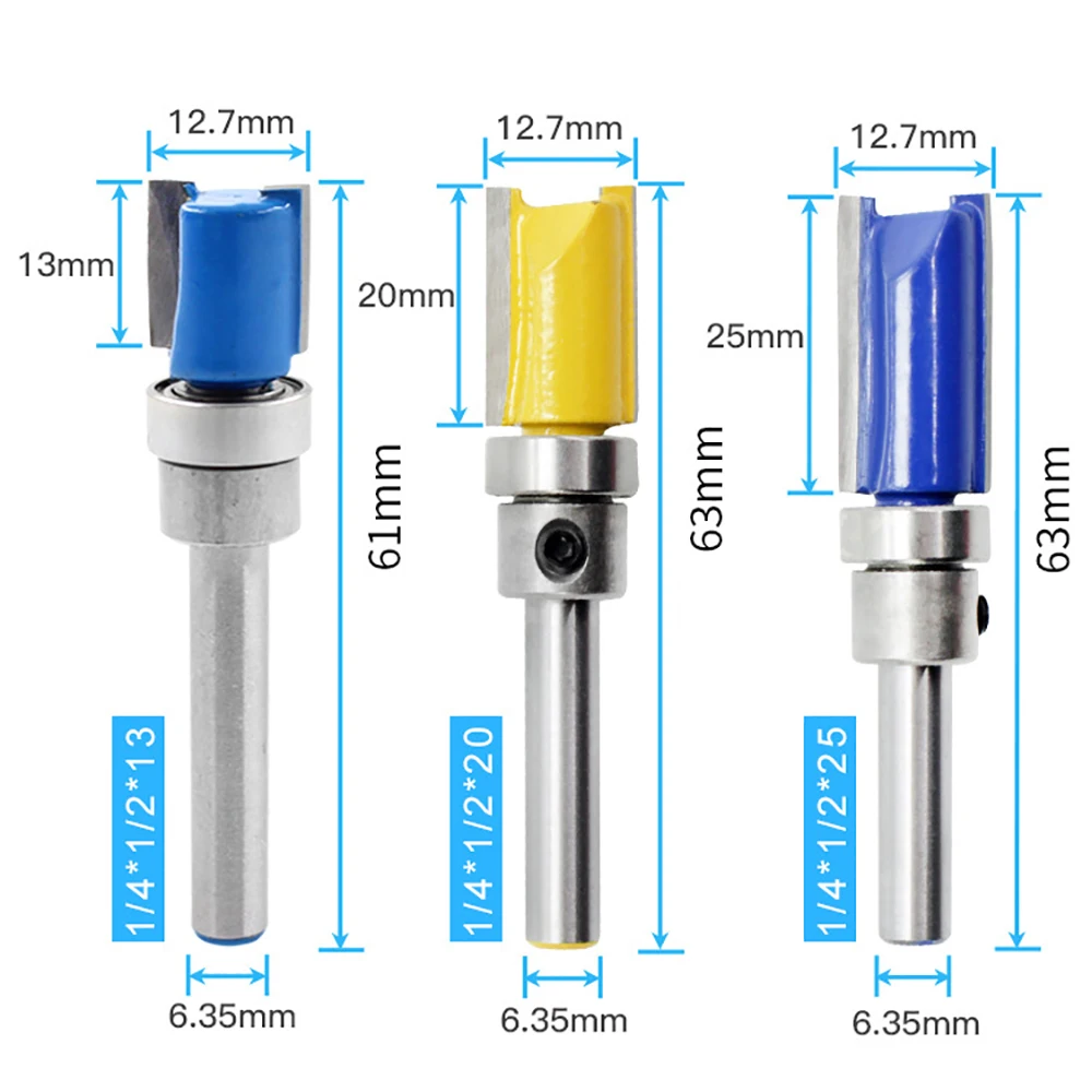 

6.35mm Shank Flush Trim Router Bit Blade Template Pattern Bit Bearing 1/2" Straight End Mill For Woodworking Dia 12.7mm