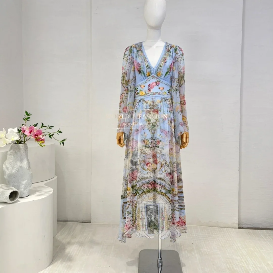 2025 New Style High Quality Silk Blue Rose Floral Print Long Sleeve Loose Midi Dress for Holiday