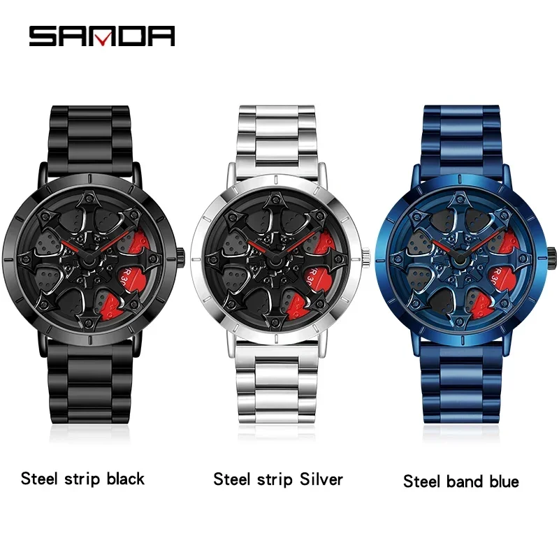 SANDA P1078 Fashion Men Design Wheel Watch Super Car Rim Waterproof Creative Stainless Steel Men's WristWatch Relogio Masculino