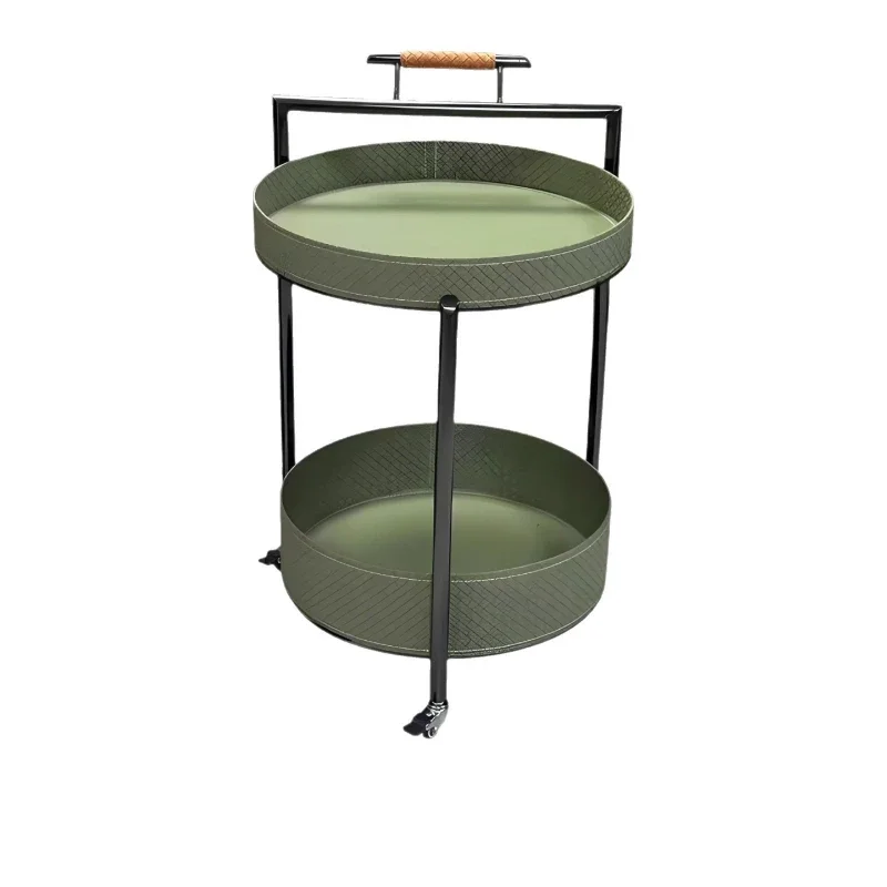 Round saddle leather trolley with wheels Movable sofa side table, trolley Saddle leather small coffee table