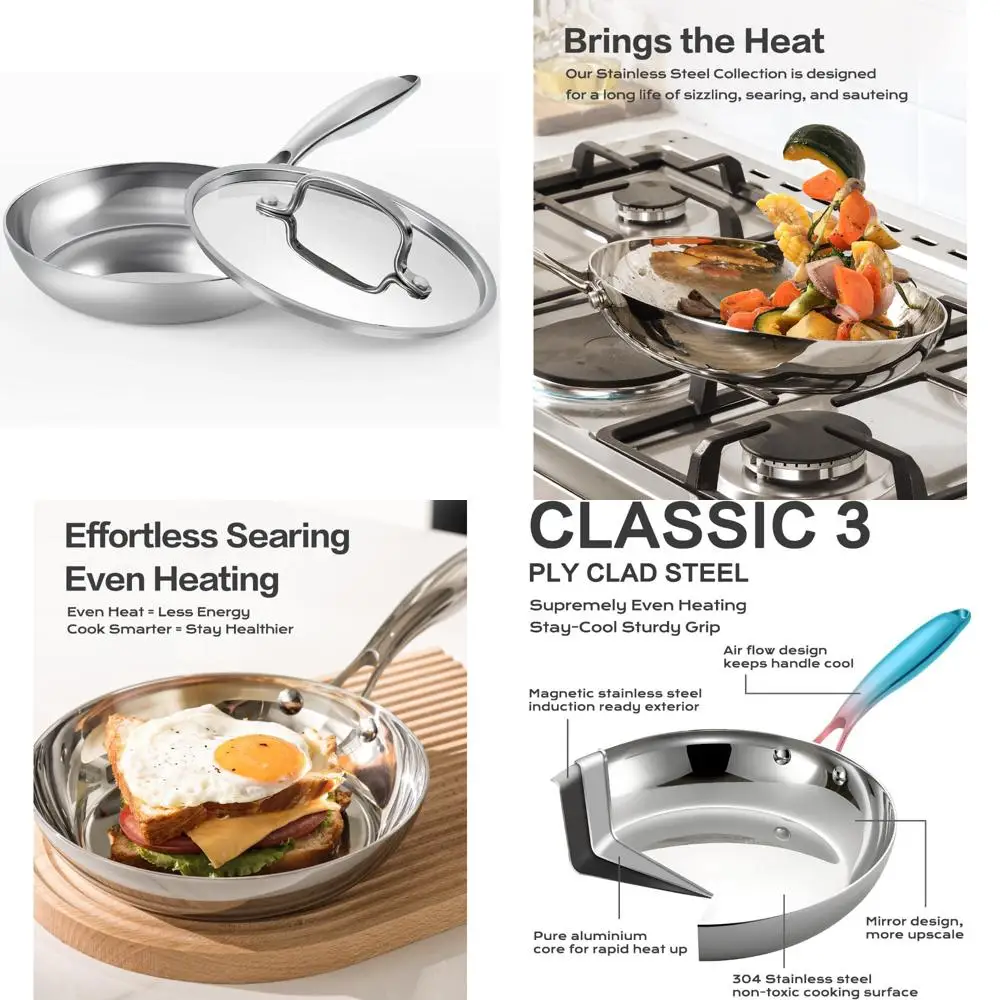 

Nonstick 8 Inch Stainless Steel Frying Pan with Tri-Ply Base and Lid for Fast Even Heating and Non-Toxic Cooking