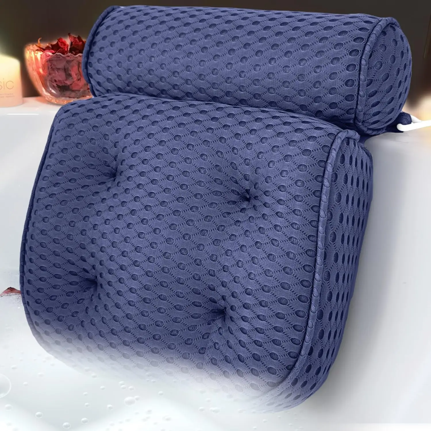 

Luxury Dark Blue Bath Pillow for Tub, Head & Neck Support Cushion, Soft Spacer Mesh, Suction Cups Included（Denim）